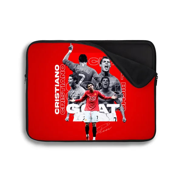 Laptop sleeve with Cristiano Ronaldo graphics on a red background