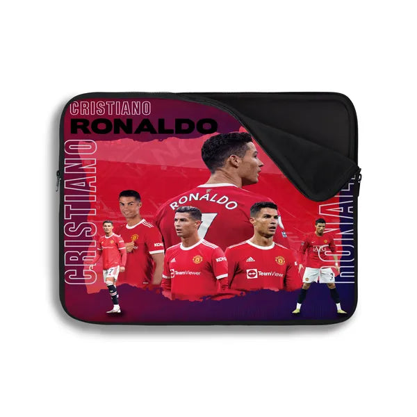 Laptop sleeve with Cristiano Ronaldo images and text on a red background