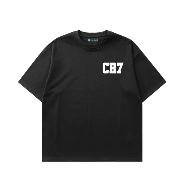 Black t-shirt with 'CR7' logo on a white background