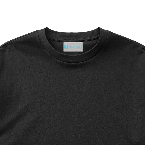 Black t-shirt with a brand label on a white background