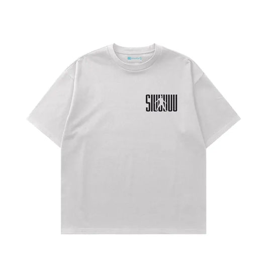 White t-shirt with black logo on a white background
