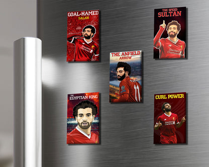 Five soccer player posters on a metallic surface