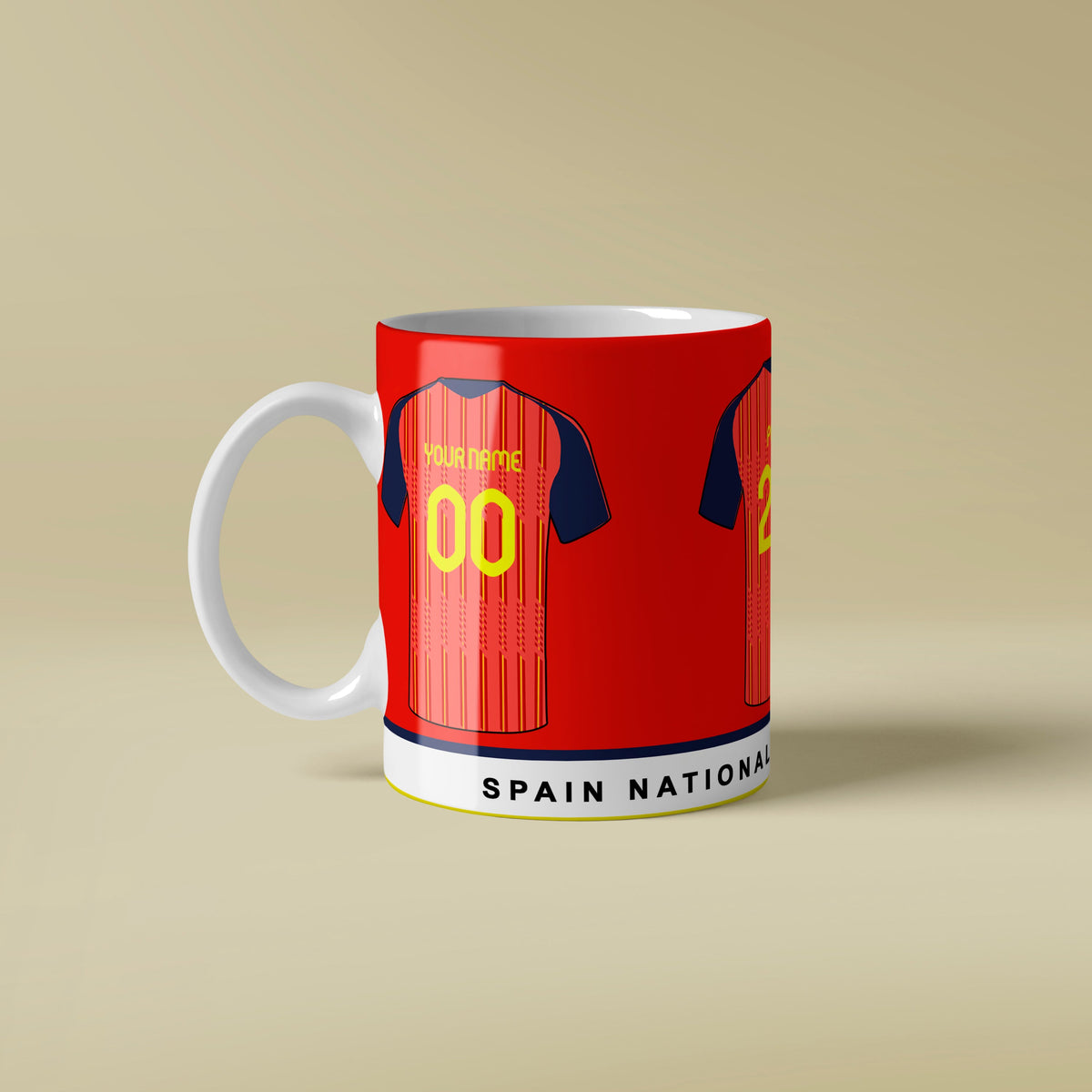 Mug designed like a Spain national team sports jersey on a beige background