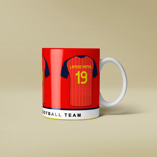 Mug with football team jersey design on a beige background