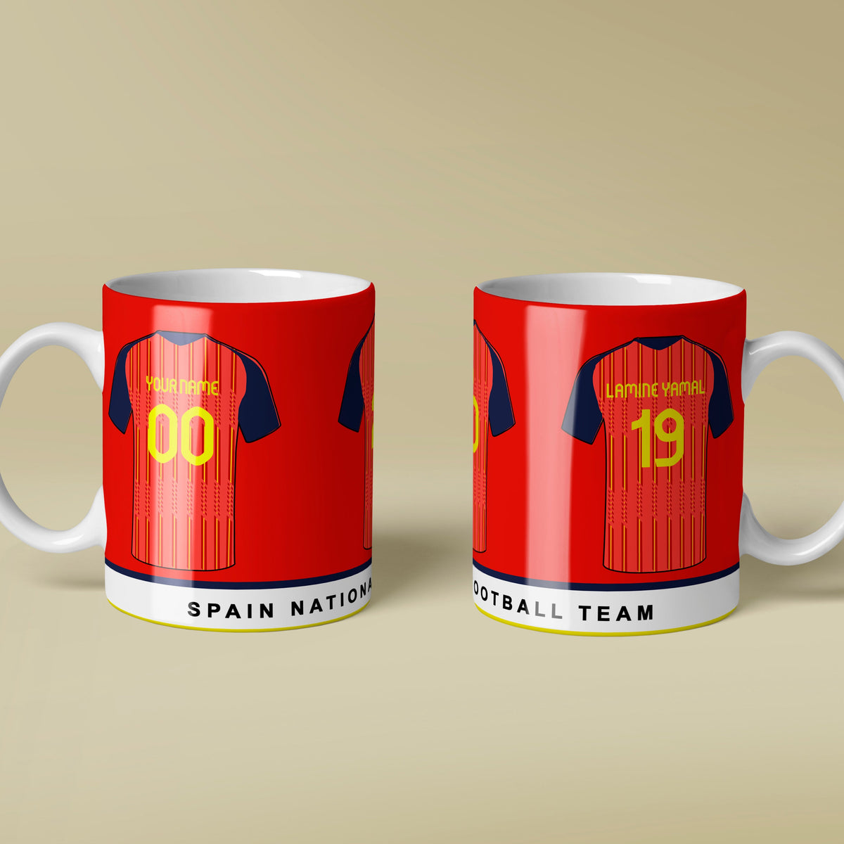 Two red mugs with white handles featuring Spain football team designs on a beige background