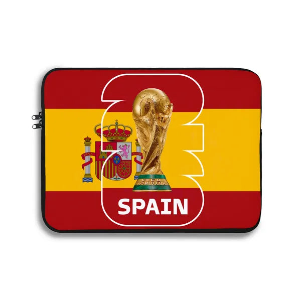 Laptop sleeve with Spanish flag, World Cup trophy, and 'Spain' text on a white background