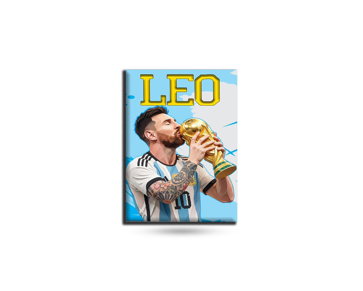Soccer player holding a trophy with 'LEO' above on a blue background