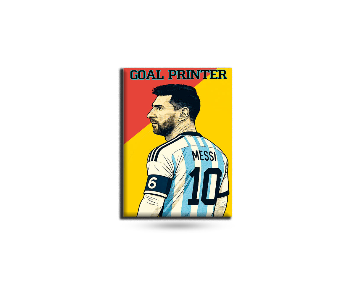 Fridge magnet with a graphic of a soccer player in a striped jersey and text 'GOAL PRINTER MESSI 10' on a yellow and red background.