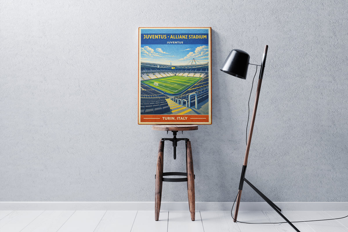 Vintage-style poster of Juventus' Allianz Stadium on a stool against a gray wall.
