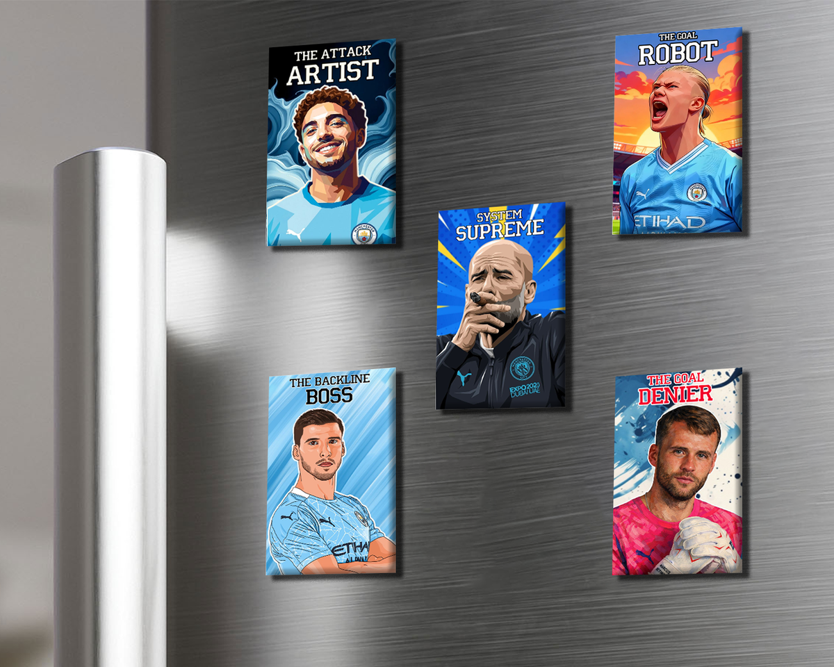 Set of football player-themed magnets on a metallic surface