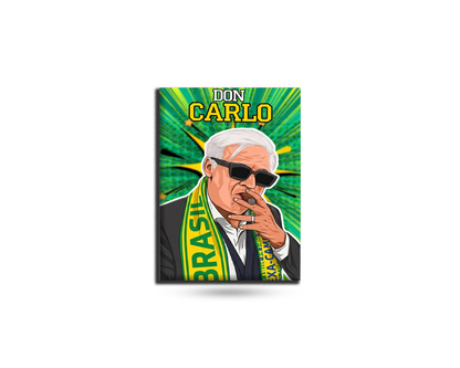 Fridge magnet with a colorful design of a person wearing sunglasses and a 'Brasil' scarf, with 'Don Carlo' text above.