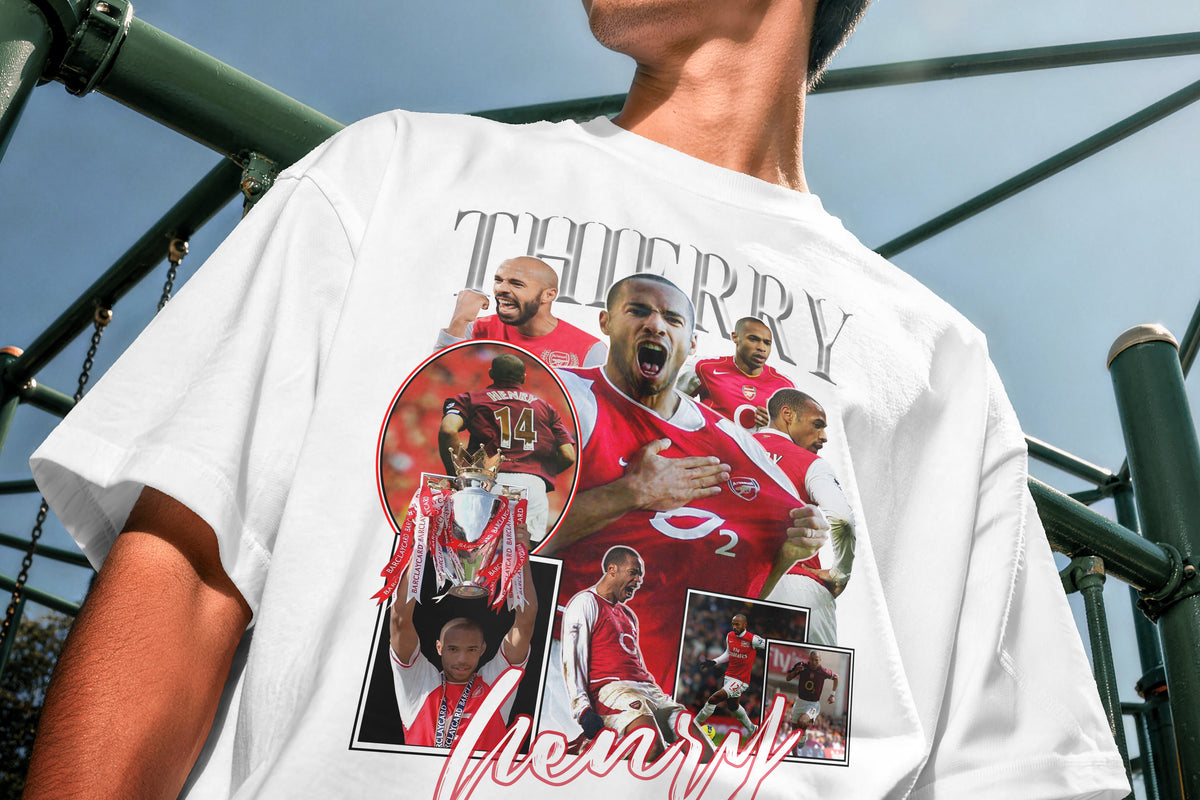 Person wearing a white t-shirt with a graphic design of a football player and text.