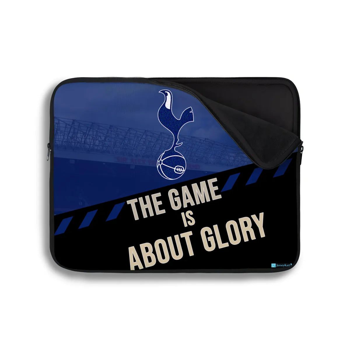 Laptop sleeve with Tottenham Hotspur logo and 'The Game is About Glory' text on a blue and black background.