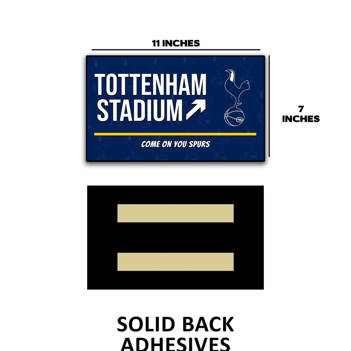 Sticker with 'Tottenham Stadium' text and graphics, showing dimensions and adhesive information.