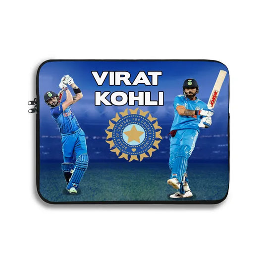 Laptop sleeve with images of Virat Kohli and the Indian cricket team logo on a blue background.