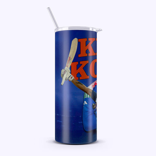 Tumbler with a cricket-themed design on a white background