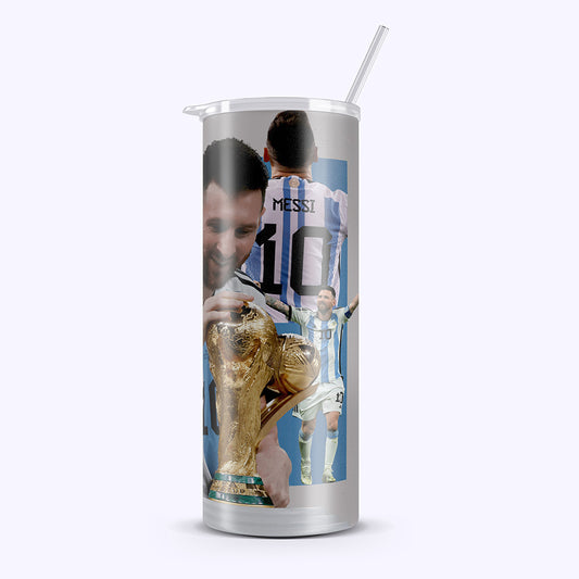 Tumbler with soccer player design and 'Messi' text on a white background