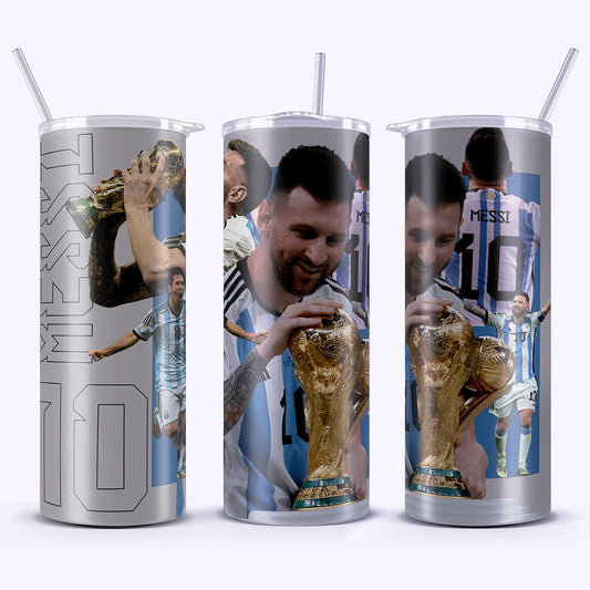 Three silver tumblers with images of a soccer player holding a trophy on a white background