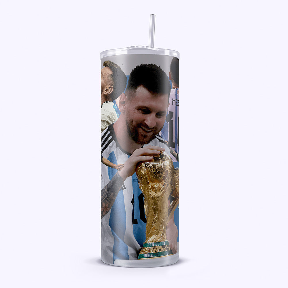 Tumbler with a soccer player holding a trophy on a white background