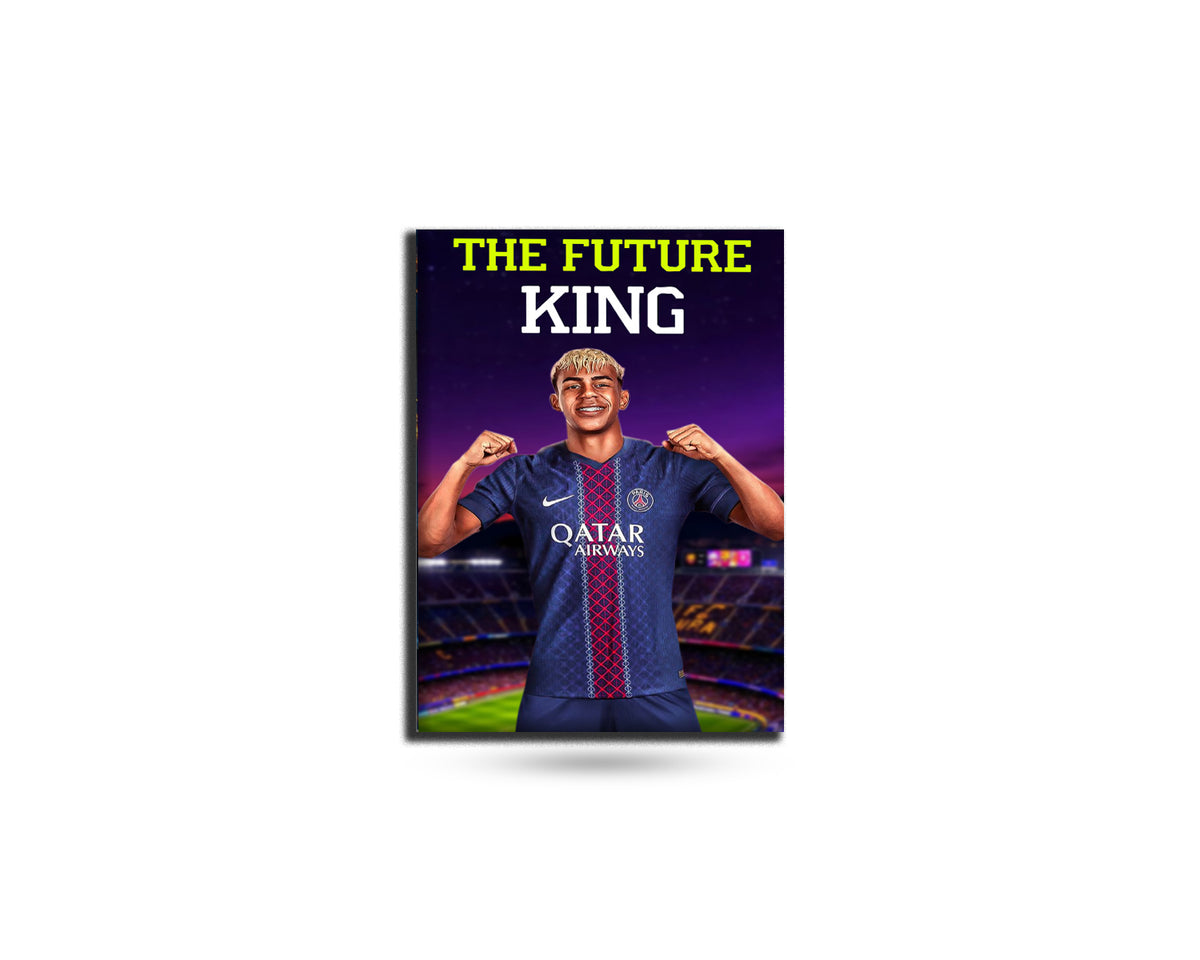 Poster of a soccer player in a stadium with 'The Future King' text and Qatar Airways logo.