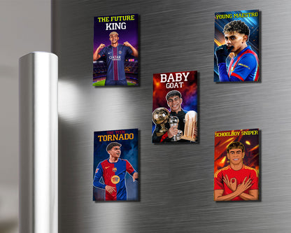 Five sports-themed posters on a metallic surface