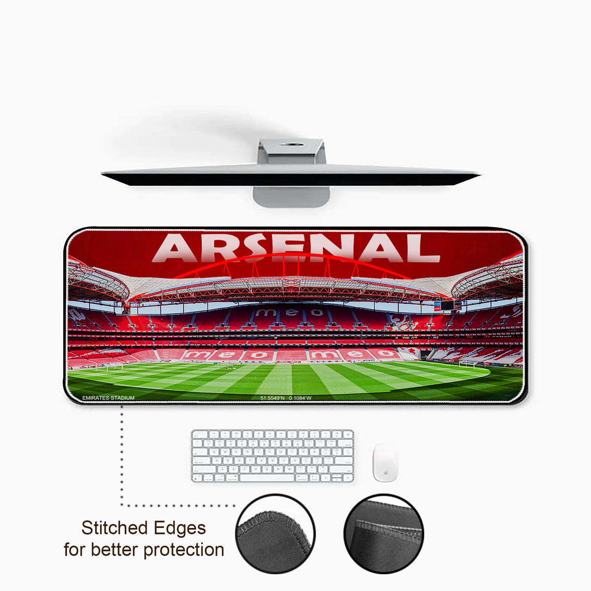 Arsenal stadium mouse pad with keyboard and mouse on a white background