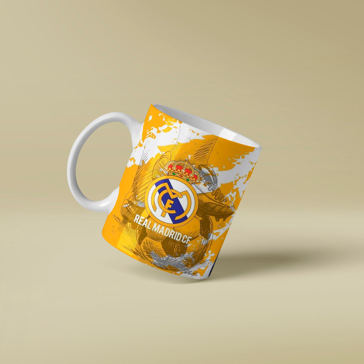Mug with Real Madrid logo on a beige background