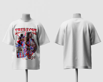 White t-shirt with graphic design on a mannequin against a white background
