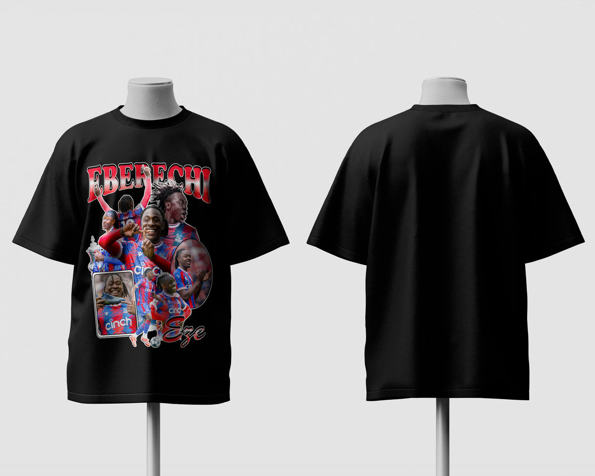 Black t-shirt with a graphic design on a mannequin against a white background