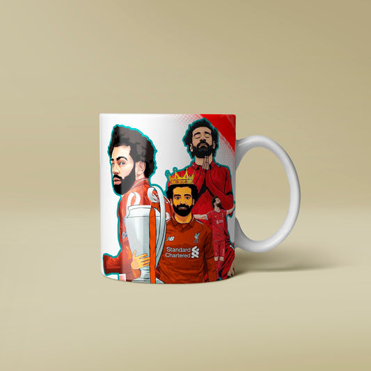Mug with a colorful design featuring a character holding a trophy on a beige background