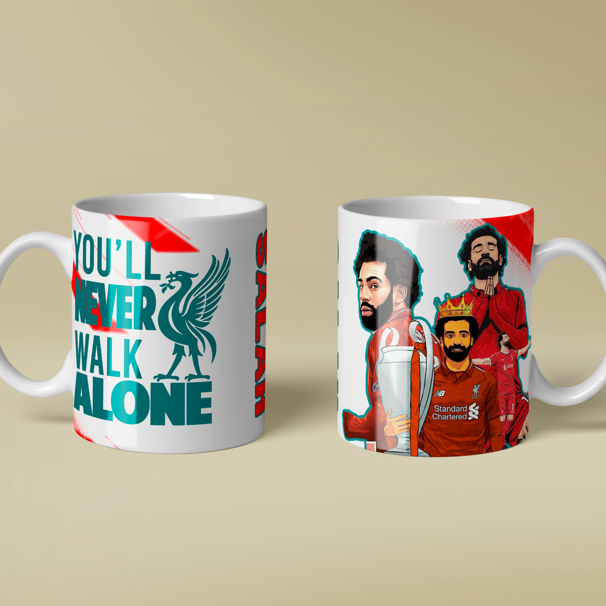 Two mugs with sports team graphics on a beige background
